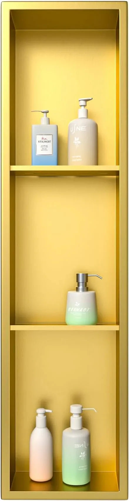 Stainless Steel Shower Niche 8"×36" with 3-Tier Shelve Gold No Tiled Needed Niche Shower for Wall Recessed Shower Shelf for Bathroom Storage - ModernBath