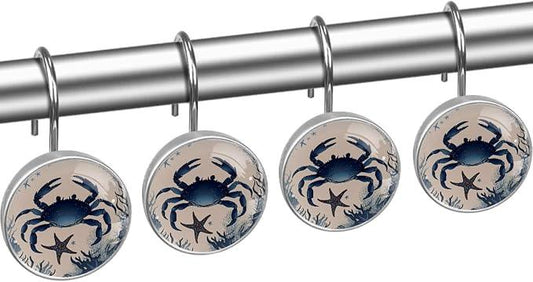 Retro Ocean Crab Shower Curtain Hooks, 12Pcs Decorative Rust Resistant Shower Rings for Shower Curtain Rods, Stainless Steel Round Curtain Hooks for Bathroom, Bedroom - ModernBath