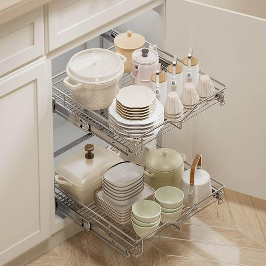 DINDON 2 Tier Pull Out Cabinet Organizer (20" W X 18" D), Double Tier Wire Basket Slide Out Shelf Storage for Kitchen Base Cabinet Organization for Kitchen, Pantry, Bathroom, Chrome - ModernBath