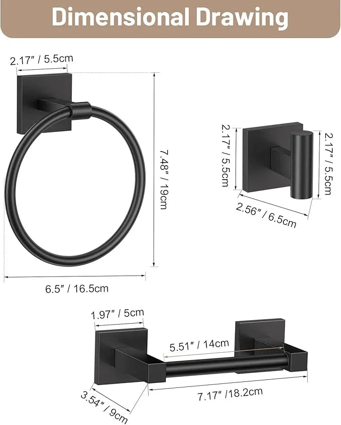 Towel Ring Set 4 Piece Bathroom Hardware Set Includes Towel Ring 2 Towel Hooks and Toilet Paper Holder Stainless Steel Wall Mounted (Matte Black) - ModernBath