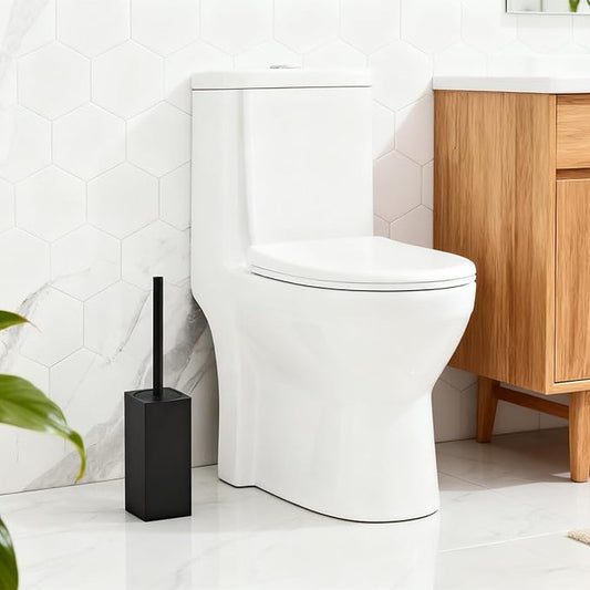 Toilet Brush and Holder Set, NEWRAIN Stainless Steel Toilet Brush with Long Brush Handle, Matte Black Toilet Scrubber and Covered Holder, Square Design Sturdy and Space Saving