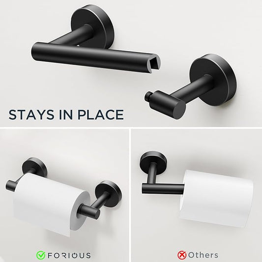 FORIOUS 4 Piece Bathroom Accessories, SUS304 Stainless Steel Double Post Pivoting Toilet Paper Holder, Towel Ring and 2 Towel Hooks, Wall Mounted Bathroom Hardware Set (Matte Black)