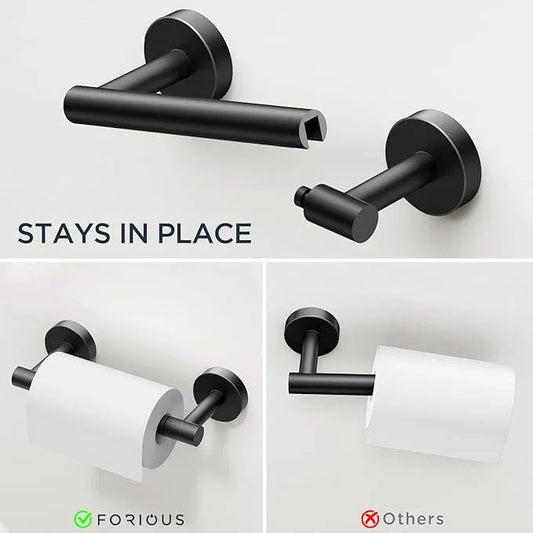FORIOUS 4 Piece Bathroom Accessories, SUS304 Stainless Steel Double Post Pivoting Toilet Paper Holder, Towel Ring and 2 Towel Hooks, Wall Mounted Bathroom Hardware Set (Matte Black) - ModernBath