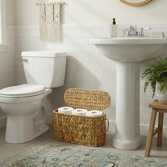 Toilet Paper Basket with Lid,Wicker Basket for Bathroom Organizers and Storage,Holds Up to 6 Mega Rolls, Decorative Hand-Woven Rattan Bathroom Decor Accessories,Natural Water Hyacinth