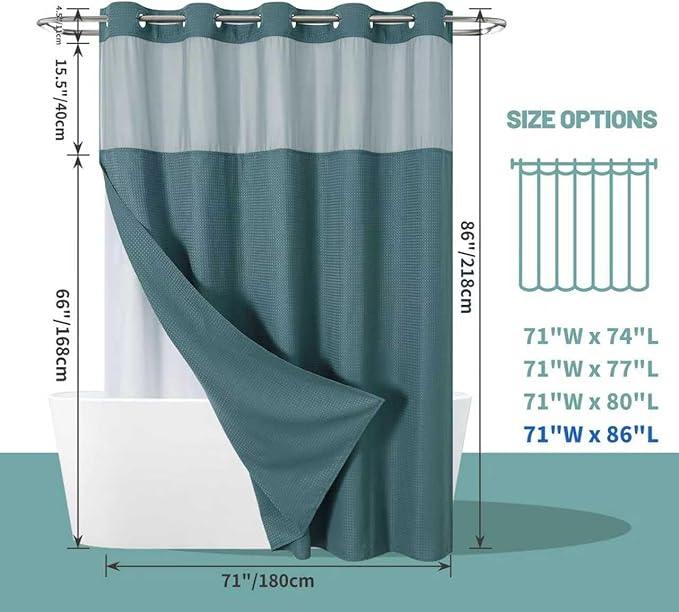 eachope SeawedGreen Extra Long No Hook Waffle Weave Shower Curtain with snap-in Liner Replacement, 230GSM Waterproof Fabric Hotel Shower Curtain Set for Bathroom, Through Mesh Top Window,71Wx86H - ModernBath