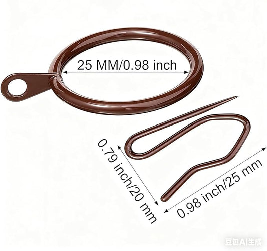 Hotop 30 Pcs Metal Drapery Curtain Rings 0.98/1.26/1.65 inch Interior Diameter and 30 Pcs Hanging Curtain Drapery Pin Hooks for Window Door Shower(Brown,25 mm)