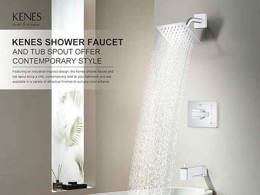 KENES Chrome Tub and Shower Trim Kit, Square Tub Shower Faucet Set Complete with 6-Inch Rainfall Shower Head and Tub Spout, KE-6025A-5 (Shower Valve Included) - ModernBath