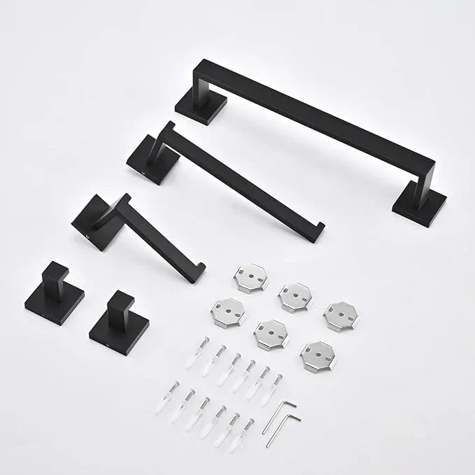 5 Piece Bathroom Hardware Set Matte Black, SUS304 Stainless Steel Towel Bar Set, Modern Square Accessories with 16 Inch Rack Toilet Paper Holder Robe Hooks (Matte Black) - ModernBath