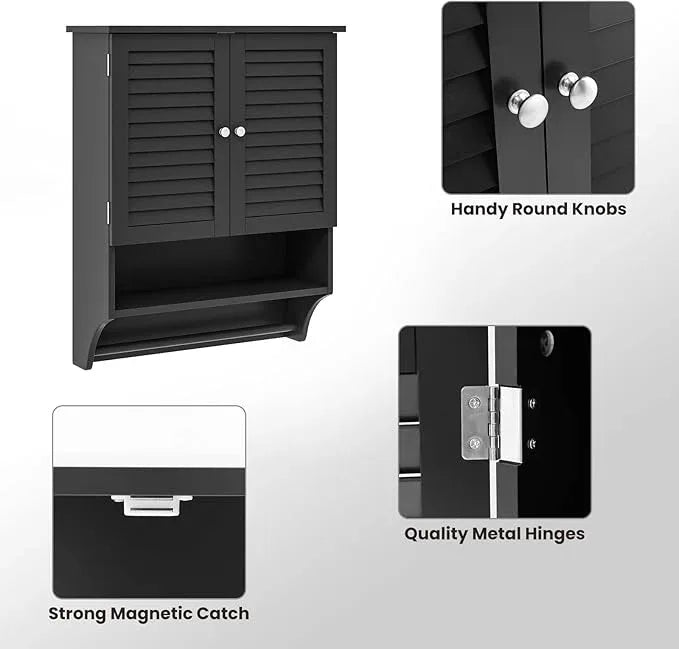 Tangkula Wall Mounted Bathroom Cabinet with Open Shelf & Bar, Medicine Cabinet with Double Louvered Doors, Wall Storage Cabinet with Adjustable Shelf, for Bathroom Living Room Kitchen (Black) - ModernBath