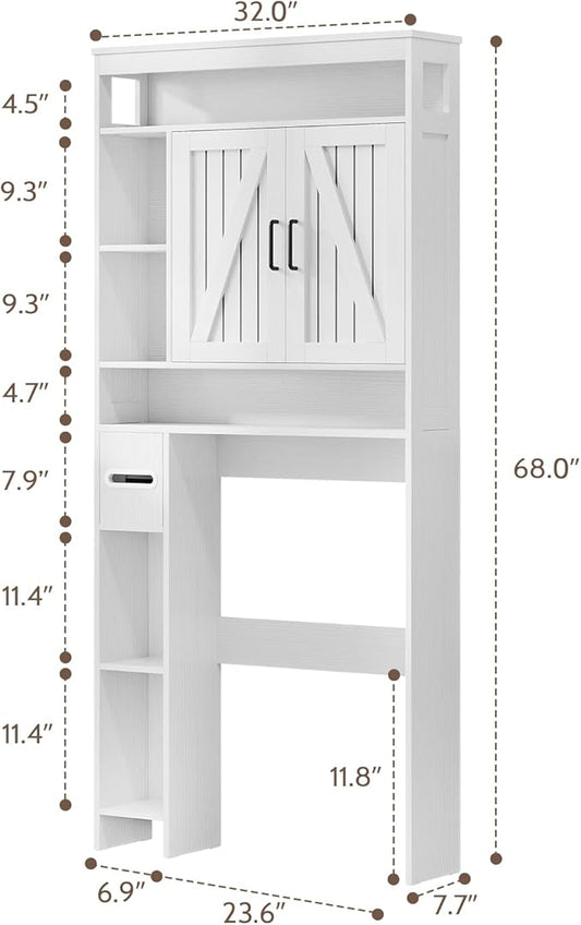 Over The Toilet Storage Cabinet with 2 Barn Doors & Built-in Toilet Paper Holder, Farmhouse Space-Saving Organizer for Bathrooms and Laundry Room, White