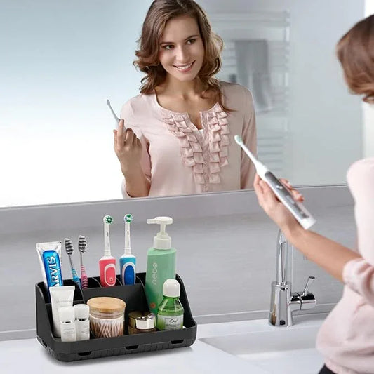 GFWARE Black Toothbrush Holder - 7 Slots Bathroom Organizer Countertop with Drainage Matte Black Electric Toothbrush and Toothpaste Holder for Bathroom Accessories Organization Vanity Sink Storage - ModernBath