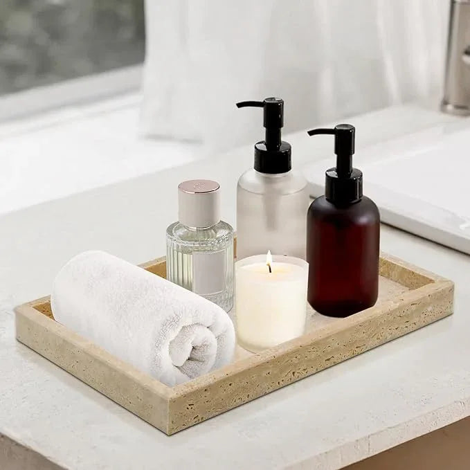 MULWR Travertine Tray,Bathroom Vanity Tray Non-Ceramic/Non-Resin,Marble Perfume Decorative Tray 12 x 8 inch (Travertine) - ModernBath