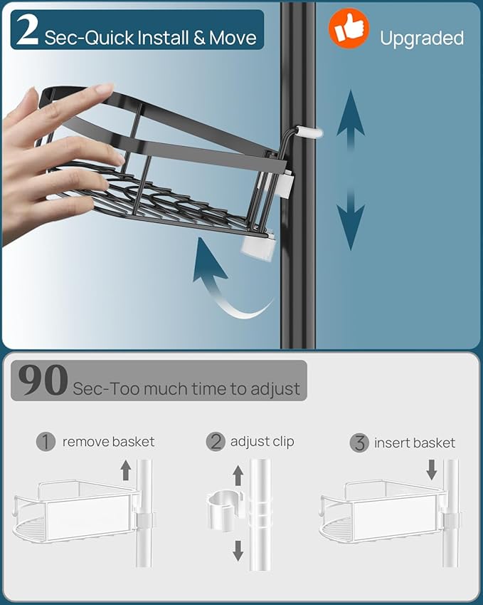 SEIRIONE Corner Shower Caddy Tension Pole, Rustproof Bathroom Shower Organizer Corner, 4-Tier Adjustable Bathroom Shelf, Solid Rack Ideal for Bathtub Storage, 34 to 116 Inch Height, Black