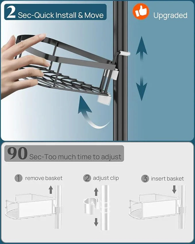 SEIRIONE Corner Shower Caddy Tension Pole, Rustproof Bathroom Shower Organizer Corner, 4-Tier Adjustable Bathroom Shelf, Solid Rack Ideal for Bathtub Storage, 34 to 116 Inch Height, Black - ModernBath