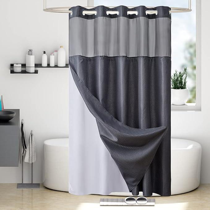 Furlinic Waffle Weave No Hook Shower Curtain with Snap in Liner,Heavy Duty Fabric Bathroom Curtain with See Through Window & Weighted Magnets,Waterproof & Machine Washable,Dark Grey,71x78 Inch - ModernBath