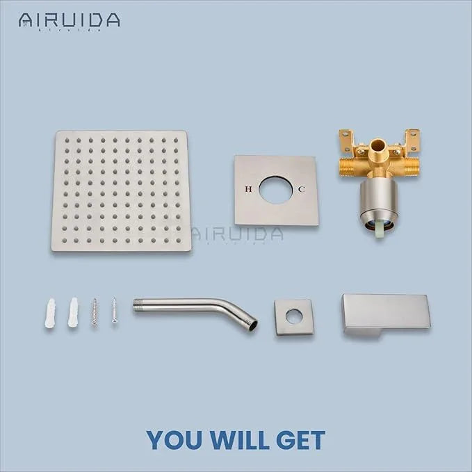 Airuida Shower Faucet Set Bathroom Rain Shower System SUS304 Stainless Steel Single Handle With Male Threads Rough-in Valve Shower Trim Kit 8 Inch Wall Mount Shower Head Brushed Nickel - ModernBath