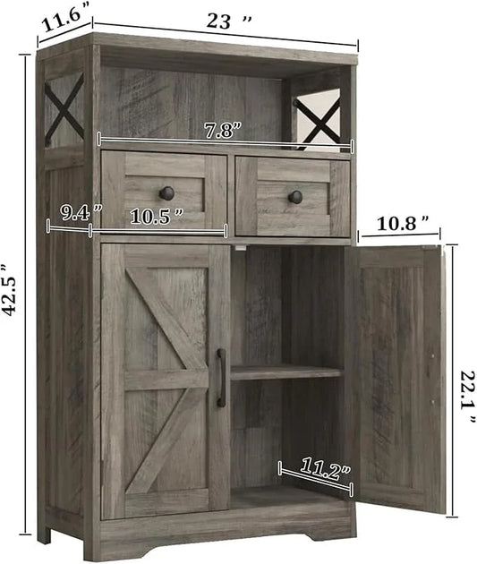 Farmhouse Storage Cabinet with Barn Doors and Open Shelf, Kitchen Pantry with Storage, Coffee Bar Station, Freestanding Cupboard Hutch Cabinet for Kitchen, Dinning Room, Livingroom, Grey - ModernBath