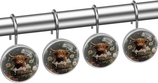 Rural Bathing Highland Cow Shower Curtain Hooks 12Pcs, Decorative Rust Resistant Shower Rings for Shower Curtain Rods, Stainless Steel Round Curtain Hooks for Bathroom, Bedroom, Farmhouse - ModernBath