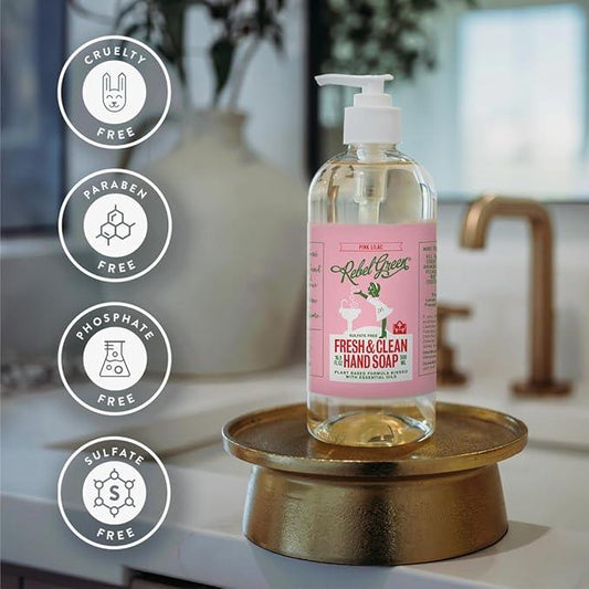 Rebel Green Liquid Hand Soap - Natural Hand Soap Pump Bottles - Bathroom & Kitchen Hand Soap - Hand Wash with Fresh Pink Lilac Scent - (16.9 oz Bottles, 4 Pack) - ModernBath