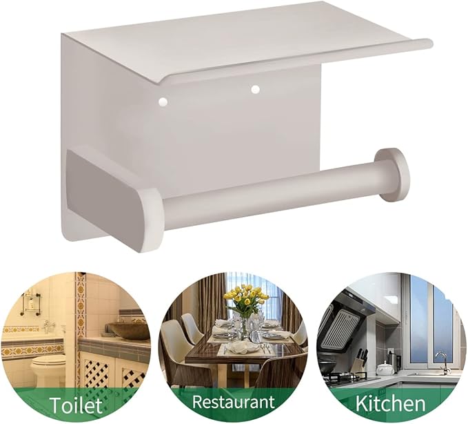 VAEHOLD Self Adhesive Toilet Paper Holder with Phone Shelf SUS 304 Stainless Steel Wall Mounted Toilet Paper Roll Holder - Rustproof and Bathroom Washroom Tissue Roll Holder with Shelf -Beige