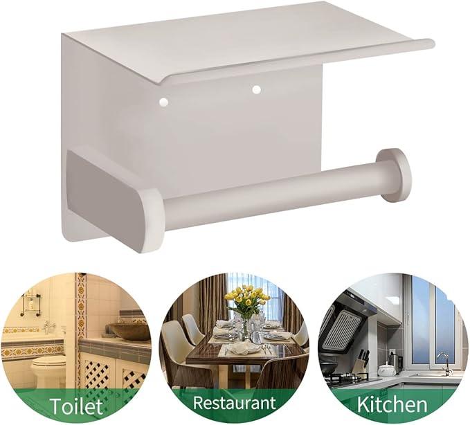 VAEHOLD Self Adhesive Toilet Paper Holder with Phone Shelf SUS 304 Stainless Steel Wall Mounted Toilet Paper Roll Holder - Rustproof and Bathroom Washroom Tissue Roll Holder with Shelf -Beige - ModernBath