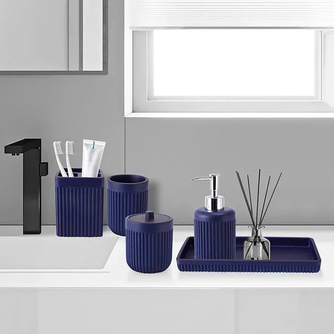 XLHOMO Resin Navy Blue Bathroom Accessories Set 5 Pcs, Lotion Soap Dispenser, Toothbrush Holder, Bathroom Tumbler, Qtip Holder and Vanity Tray, Bathroom Countertop Organizer Set for Modern Apartment - ModernBath