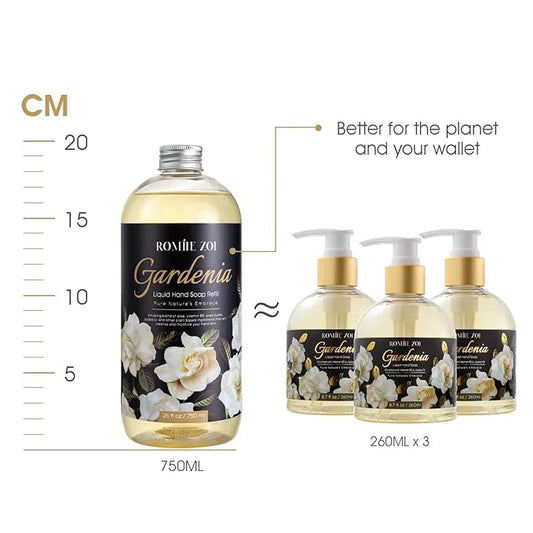 ROMIIE ZOI Hand Soap Refills, Gardenia Liquid Hand Soap, Large 750 ML / 26 FL OZ Bottles (Pack of 3), Gentle & Moisturizing Formula, Natural & Cruelty-Free for Kitchen and Bathroom Soap Dispensers - ModernBath