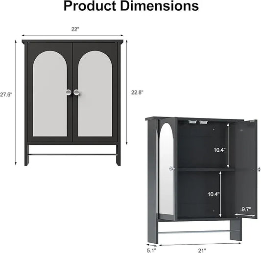 Bathroom Medicine Cabinet Mirror,Arched Bathroom Cabinet with Mirror,Surface Mount Medicine Cabinet Wall Mounted,Mirrored Medicine Cabinets with Towel Bar,Black Wall Cabinet 22x28 - ModernBath