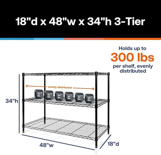 Shelving Inc. 18" d x 48" w x 34" h Black Wire Shelving with 3 Tier Shelves, Weight Capacity 300lbs Per Shelf - ModernBath