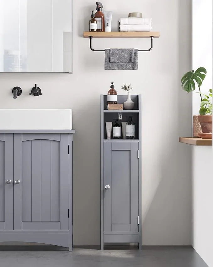 VASAGLE Small Storage Corner Floor Cabinet with Door, 7.9 x 7.1 x 31.5 Inches, Narrow Toilet Paper Storage Holder, Adjustable Shelves, for Bathroom, Living Room, Small Spaces, Dove Gray UBBC310P36 - ModernBath