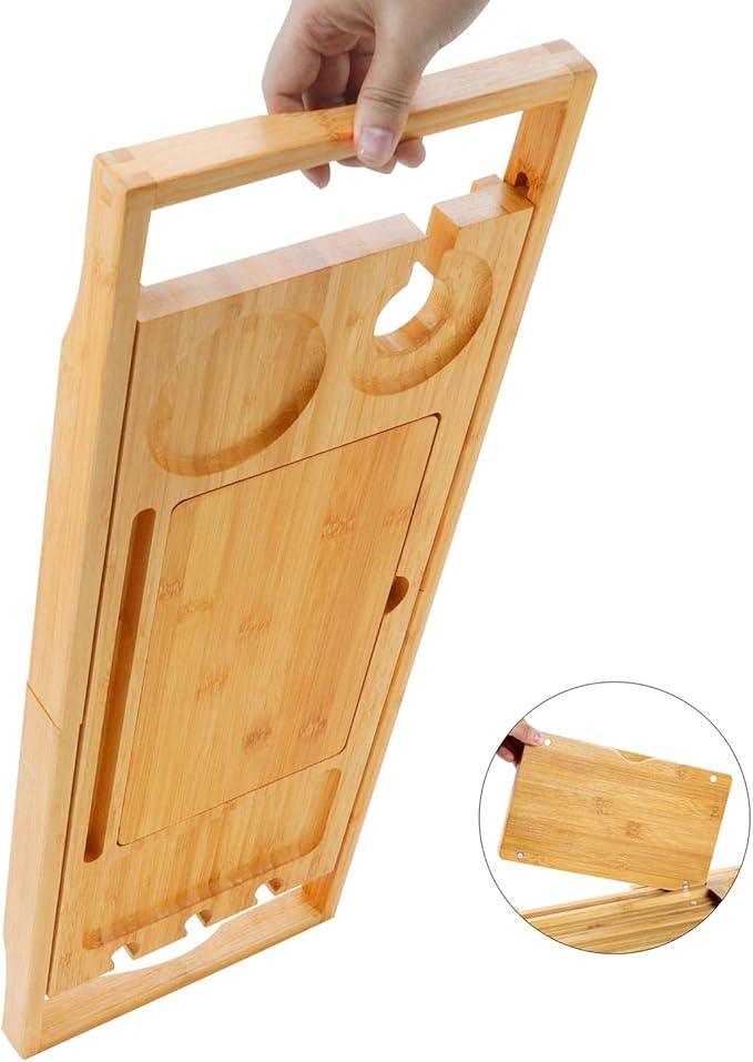 Utoplike Bamboo Bathtub Caddy Tray Bath Tray for Tub, Adjustable Bathroom Bathtub Organizer with Book Tablet Wine Glass Cup Towel Holder (24.5"-37.4") - ModernBath