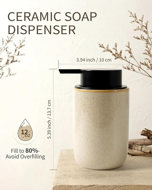 BosilunLife Lotion Pump Dispenser - Hand Soap Dispenser Bathroom Ceramic Dish Liquid Soap Dispenser for Bathroom, Kitchen, Countertop Soap Dispensers (Greige with Speckle, Liquid Pump)