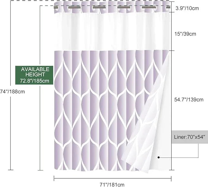 Yiatn No Hook Plum Shower Curtain with Snap in Fabric Liner Set - Hotel Style with See Through Mesh Top Window, Modern Geometric Waterdrop Design,Waterproof and Washable, 71x74 INCH - ModernBath