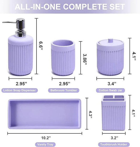 XLHOMO Resin Light Purple Bathroom Accessories Set 5 Pcs, Lotion Soap Dispenser, Toothbrush Holder, Bathroom Tumbler, Qtip Holder and Vanity Tray, Bathroom Countertop Organizer Set for Home Apartment - ModernBath
