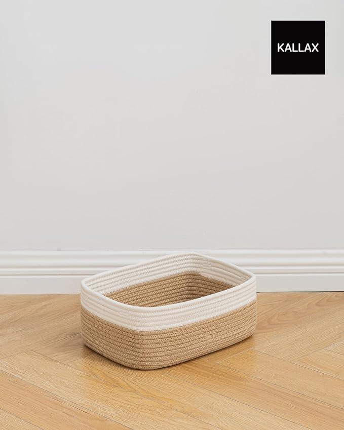 Small Woven Basket, 13.5 x 9.5 x 5 Inches, Storage Basket for Organizing, Cute Small Rope Shelf Closet Cube Storage Bins Baskets for Shelves, Dog Toy Gift Baskets Empty, 3 Pack White & Brown - ModernBath