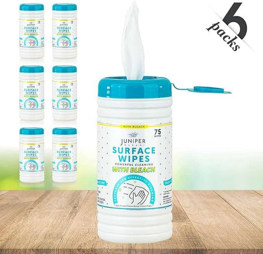 Juniper CLEAN 6 Pack Surface Cleaning Wipes with Bleach, All-Purpose Cleaner for Bathroom, Kitchen, Office, 450 Count Canister, Fresh Scent, 7.5" x 7" Sheet, Lint Free & Durable - ModernBath