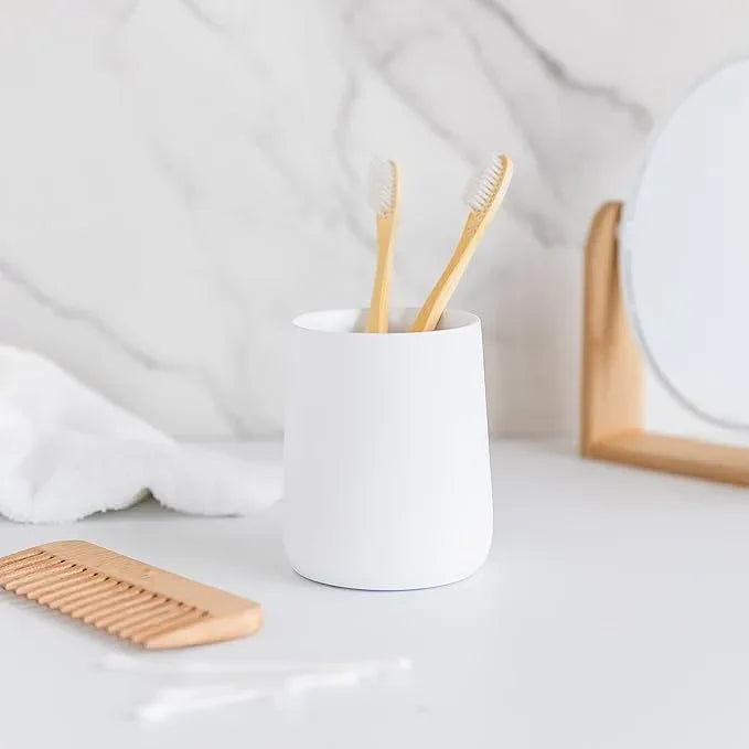 Yew Design Matte White Toothbrush and Toothpaste Holder and Cup for Bathroom Vanity and Countertop, Round Organizer for Electric Toothbrushes, Floss, Razors, Cotton, and Mouthwash - ModernBath