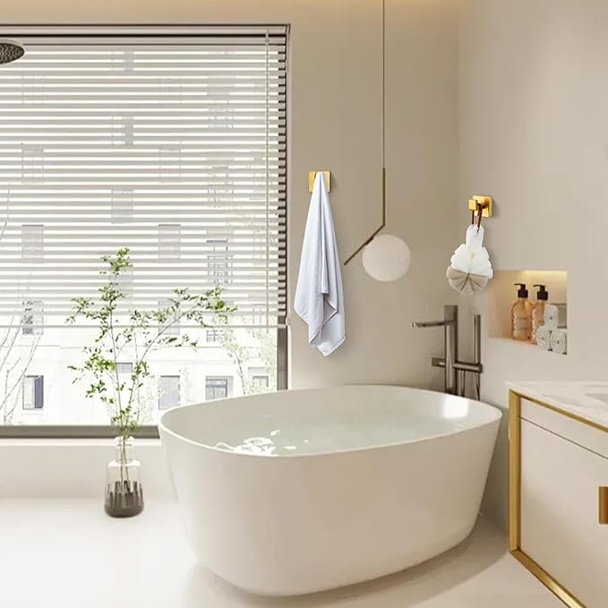 Fenas Towel Hooks for Bathrooms Robe Hook Coat Hook 4 Pack Brushed Gold Stainless Steel Heavy Duty Wall Mounted Square Hooks for Bathroom Kitchen Bedroom