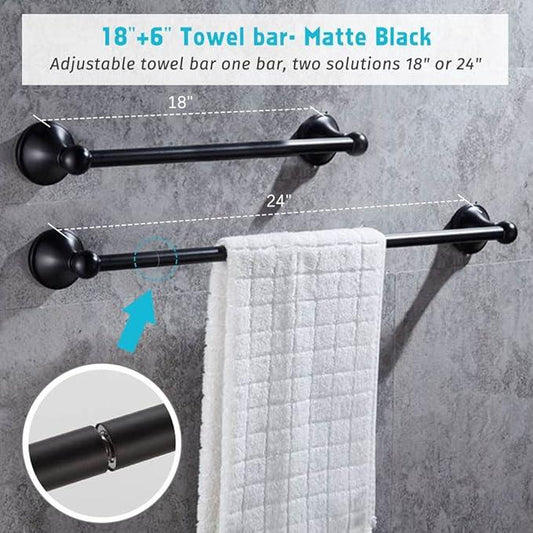 4 Piece Bathroom Accessory Set(Adjustable Towel Bar, Towel Ring, Toilet Paper Holder,Towel Hook), Wall Mounted Bathroom Hardware Accessories Set,Matte Black - ModernBath
