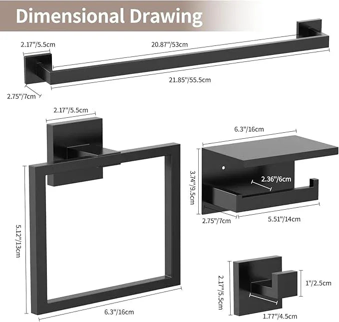 23.6 Inch SUS304 Stainless Steel Bathroom Hardware Set - 10-Piece Wall-Mounted Towel Bar, Holder & Racks - Matte Black - ModernBath