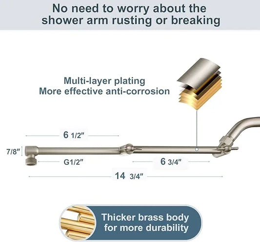 BRIGHT SHOWERS Brass Shower Arm Extender for Rain and Handheld Shower Head, 14 Inch Universal Shower Head Extension Arm, Adjustable Height & Angle, Brushed Nickel - ModernBath