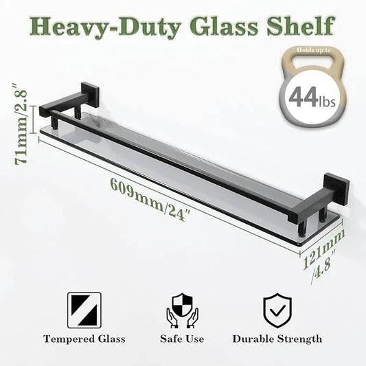 Alise Bathroom Shelf Wall Mounted, Matte Black Large Capacity Glass Shelf for Bathroom, 24 inch - ModernBath