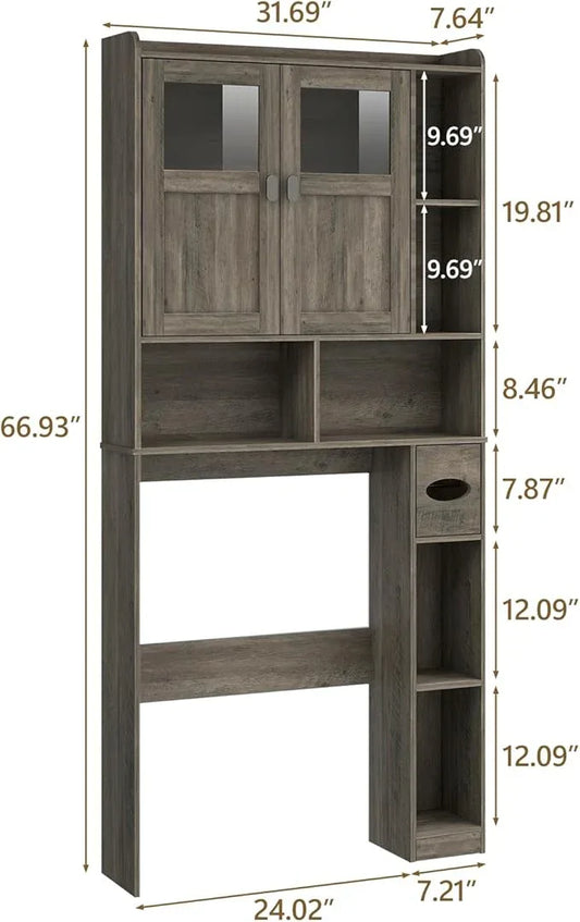 Vabches Over The Toilet Storage Cabinet, Bathroom Shelf Over Toilet with Glass Doors and Adjustable Shelves, Grey Freestanding Home Space Save Toilet Rack, for Restroom, Bathroom, Laundry - ModernBath