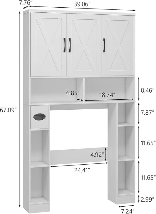 Over The Toilet Storage Cabinet, Farmhouse Toilet Cabinet Rack with 3 Barn Doors, Space Saving Bathroom Organizer with Shelves, Toilet Paper Holder and Towel Rack for Bathroom,Restroom,Laundry, White - ModernBath