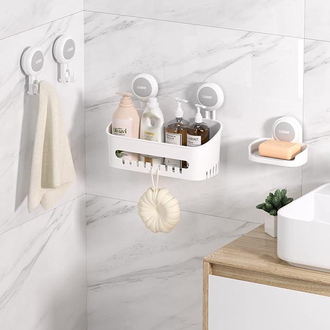 LUXEAR 4 Pack Shower Caddy Set - Suction Cup Shower Shelf+Soap Dish+Hooks - 1 Sec Installation NO-Drill Removable Powerful Waterproof Organizer - ModernBath