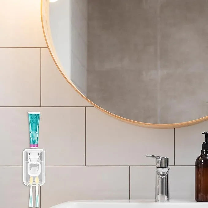 2 Slot Toothbrush Holder and Toothpaste Dispenser Wall Mounted, Automatic Toothpaste Squeezer, 2 in 1 Tooth Brush Toothpaste Organizer for Shower (Clear) - ModernBath