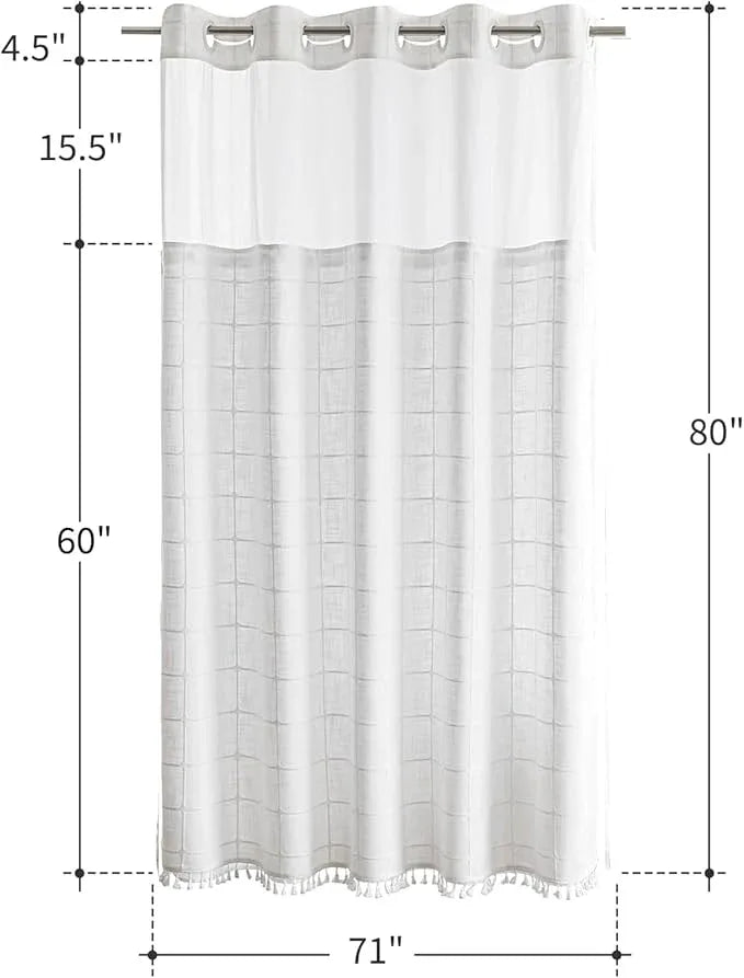 Farmhouse Shower Curtain with Snap-in Liner, No Hooks Needed ,Fabric Shower Curtains with Tassels for Rustic Bathroom Decor,with Window,with Magnets,Water Repellent&Machine Washable,White,71x80Inch - ModernBath
