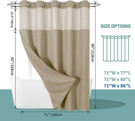 eachope Khaki No Hook Waffle Weave Shower Curtain with snap-in Liner Replacement, 230GSM Waterproof Fabric Hotel Shower Curtain Set for Bathroom, Through Mesh Top Window,71Wx86H - ModernBath