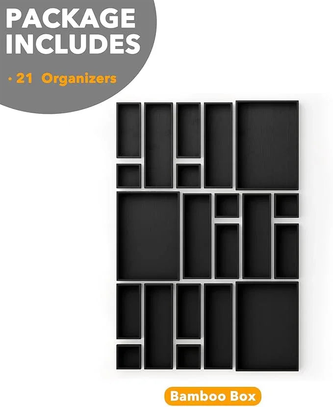 SpaceAid 21-Piece Bamboo Drawer Organizer Storage Boxes Set, Wood Tray Junk Drawer Organizers Multi-Use Divider Bins for Kitchen, Bathroom, Office Desk and Makeup Organization (21 Pack, Black) - ModernBath