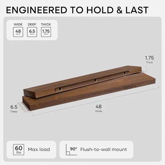 Homeforia Classic Walnut 48 inch Floating Shelf, High End Solid Real Wood Small 48inch Floating Shelves for Wall Mounted, 48in Floating Shelves, Heavy Duty Bracket, 48 X 6.5 X 1.75 inches, Set of 2 - ModernBath
